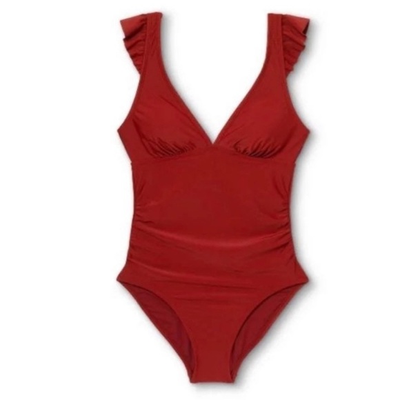 Kona Sol One Pc Ruffle Shoulder Swimsuit Sz 16W Ruched Brick Red - Picture 2 of 10
